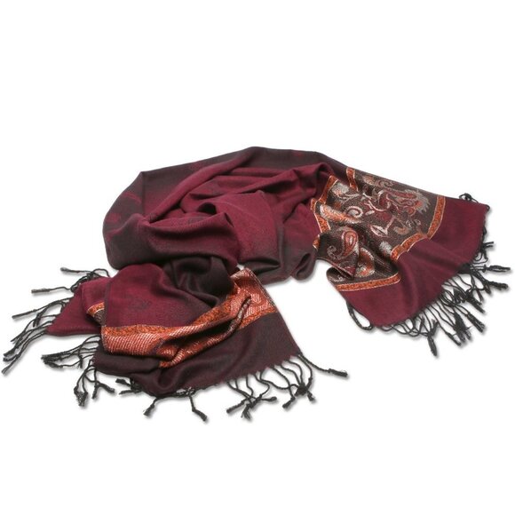 Vintage Paisley Colourblock Scarf Wrap Shawl Tassel Maroon Wine Brown - Picture 2 of 6